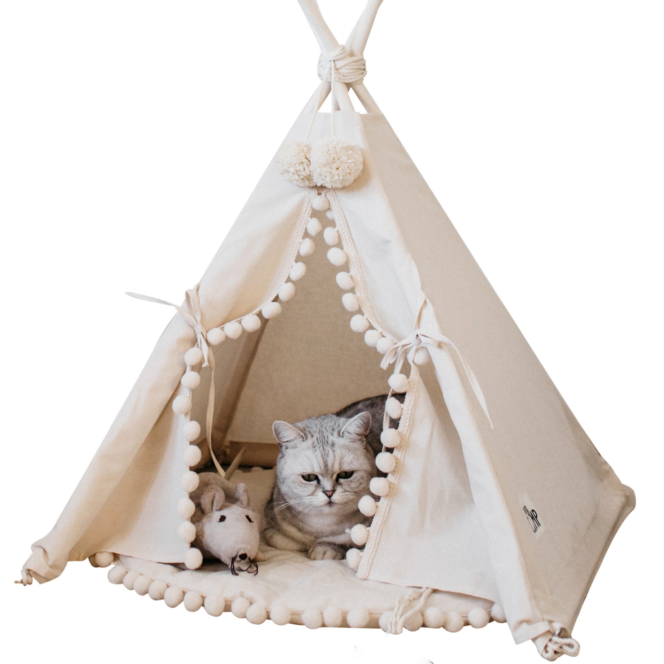 MINICAMP Cat Teepee & Small Dog Tent in Ecru with Pompoms – Size S