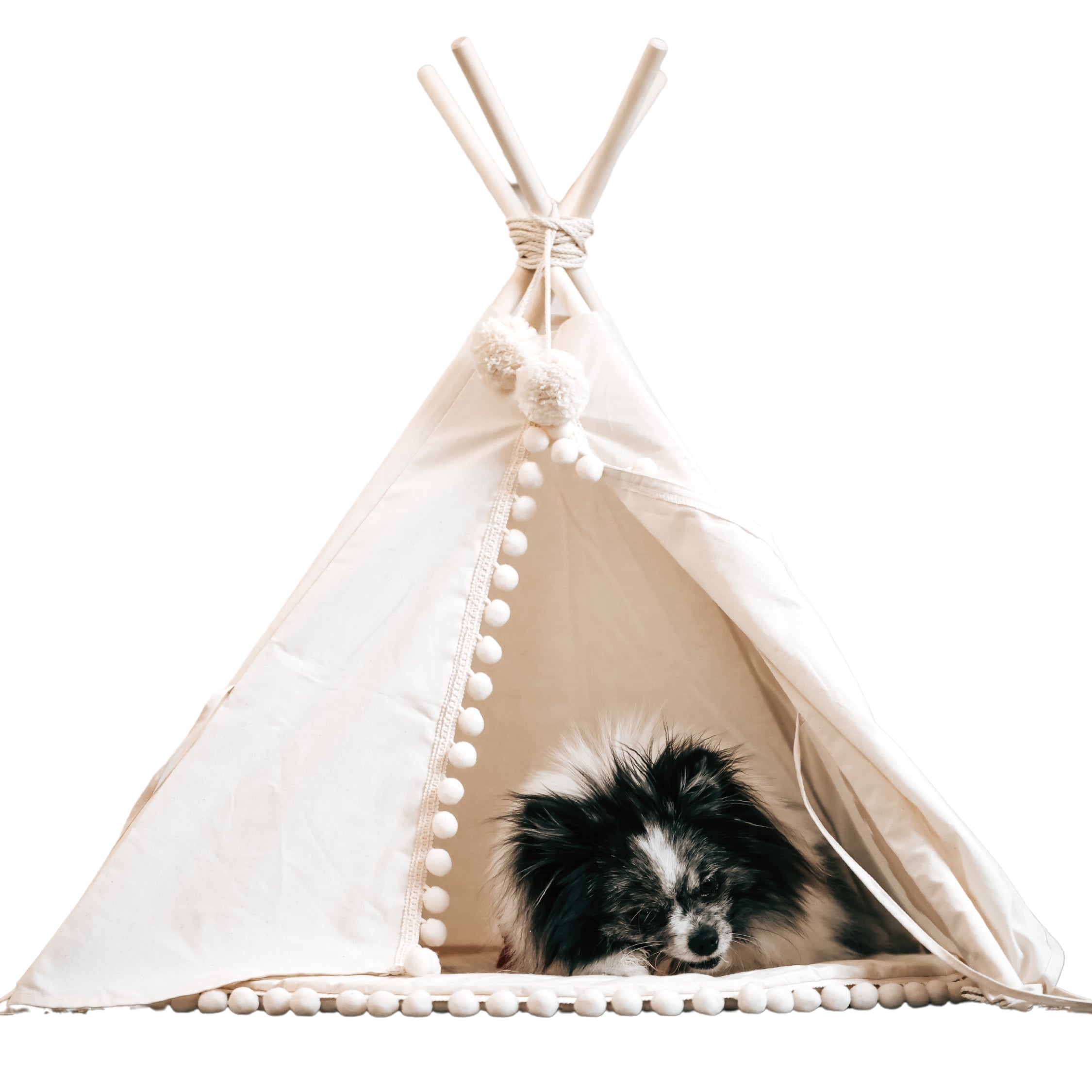 MINICAMP Dog Teepee & Large Cat Tent in Ecru with Pompoms – Size M