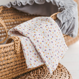 White Muslin Baby Swaddle & Burp Cloth with Cute Little Flower Print – 100% OEKO-TEX Cotton, Ultra-Soft Double Gauze