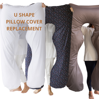 U-shaped pillow cover replacement with people holding different colored covers.