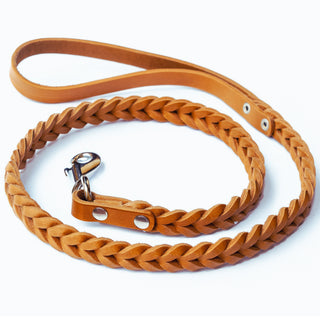 Genuine Braided Leather Dog Leash – Tan - Orange Brown – Soft Stretch Heavy Duty Lead – Handcrafted Leather Pet Leash