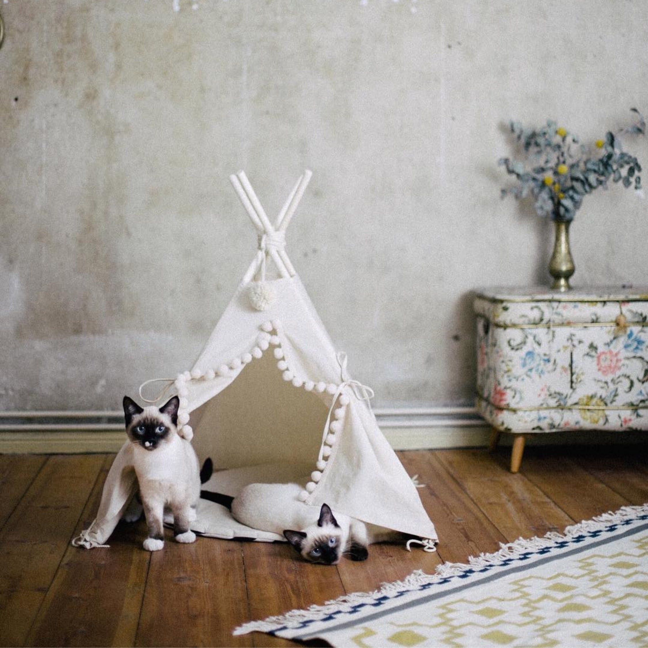mini cat tent MINICAMP Cat Teepee & Small Dog Tent in Ecru with Pompoms – Size S