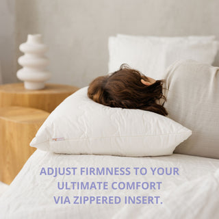 Person lying on a bed with a pillow, with text about adjusting pillow firmness.