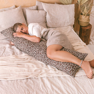 MINICAMP Long Body Support Pillow for Sleeping in Natural Linen with Leopard Pattern