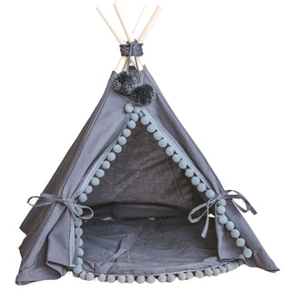 MINICAMP Teepee for Cats, Dogs & Rabbits in Grey with Pompoms