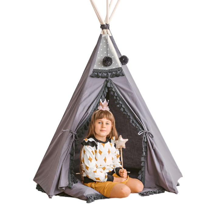 MINICAMP Grey Teepee for Kids with Tassel Decor