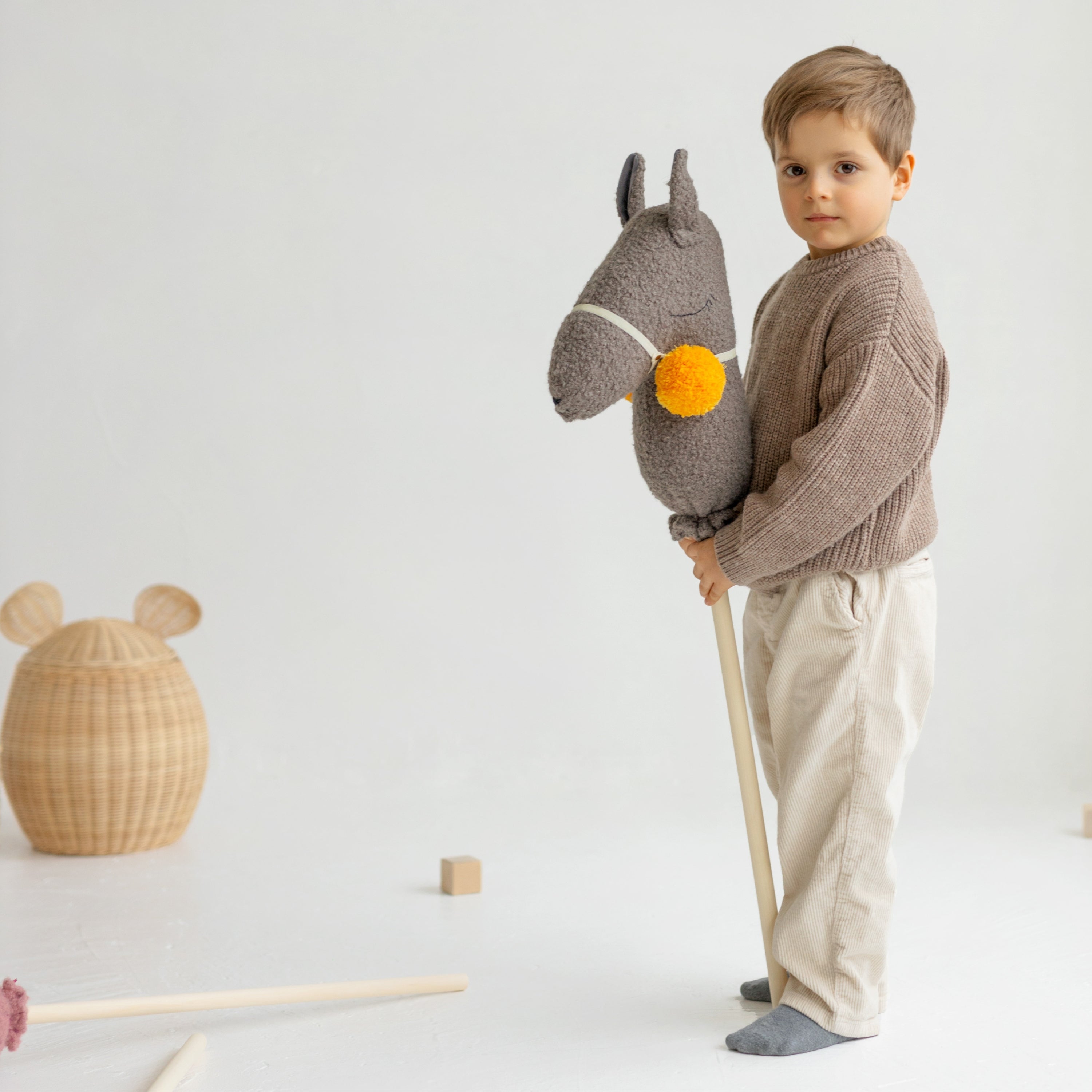 MINICAMP Handmade Llama Alpaca Hobby Horse Stick Toy from Boucle in Grey