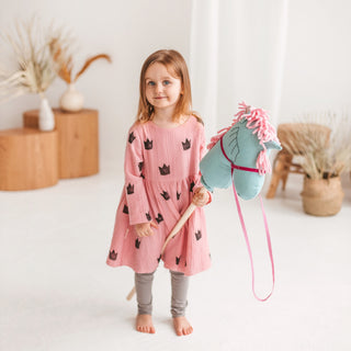 MINICAMP Unicorn Hobby Horse Stick Toy – Handmade Linen Ride-On Toy in turquoise with Pink Hair
